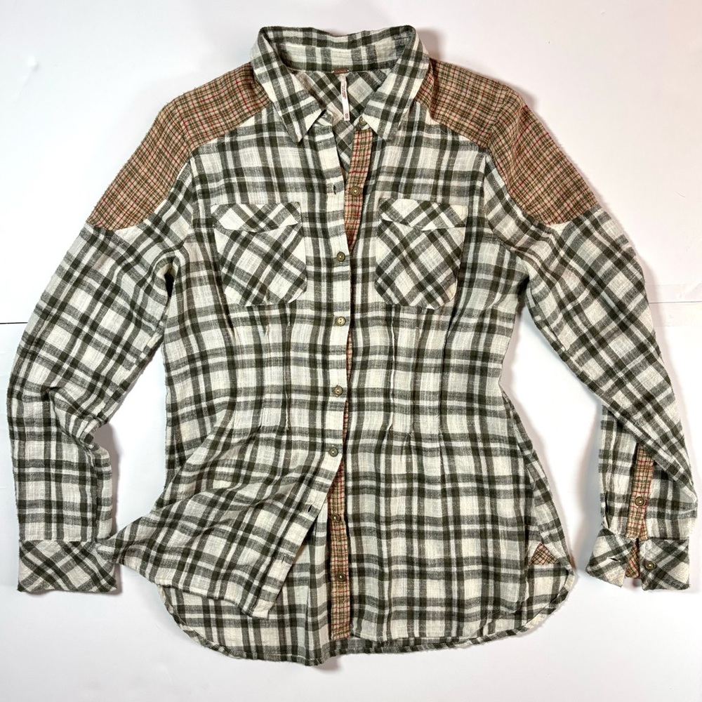 Free People Mixed Plaid Check Cotton Gauze Pleated Button Down Shirt Size XS